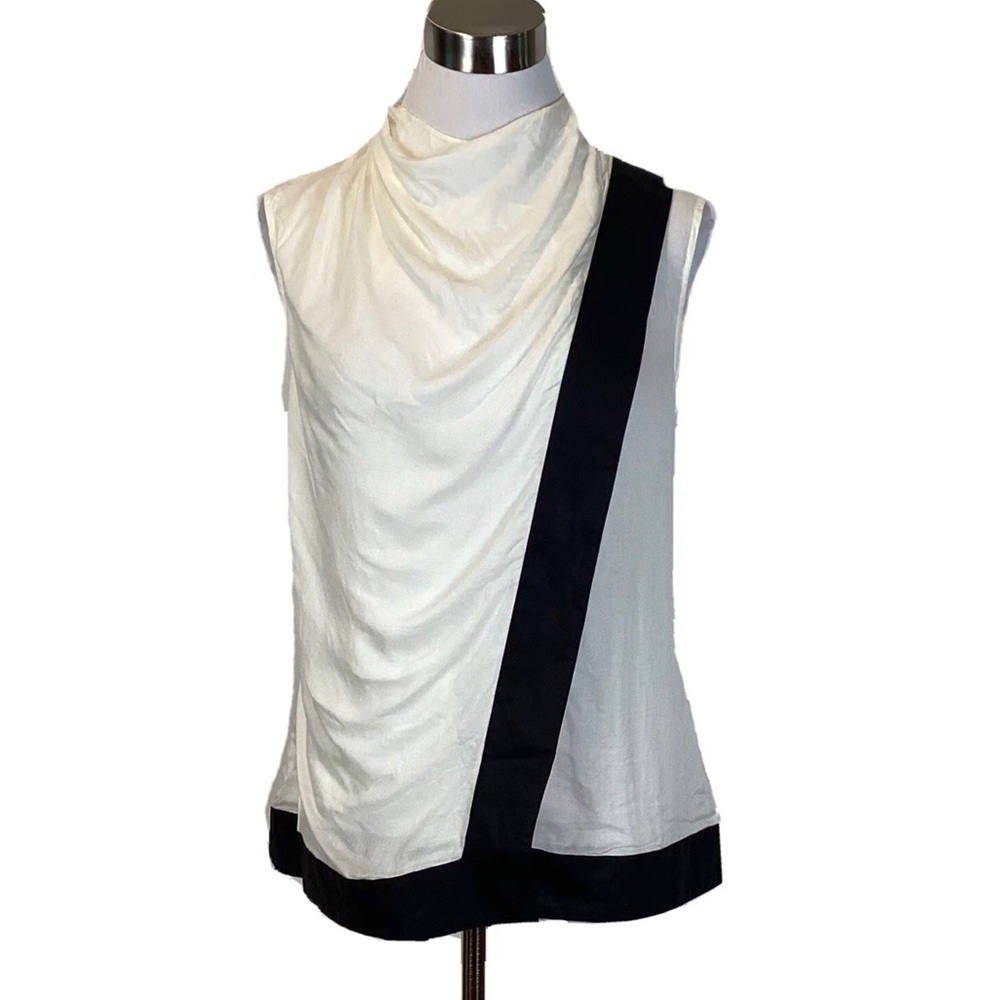 Helmut Lang Asymmetrical Cream and Black Ruched Blouse